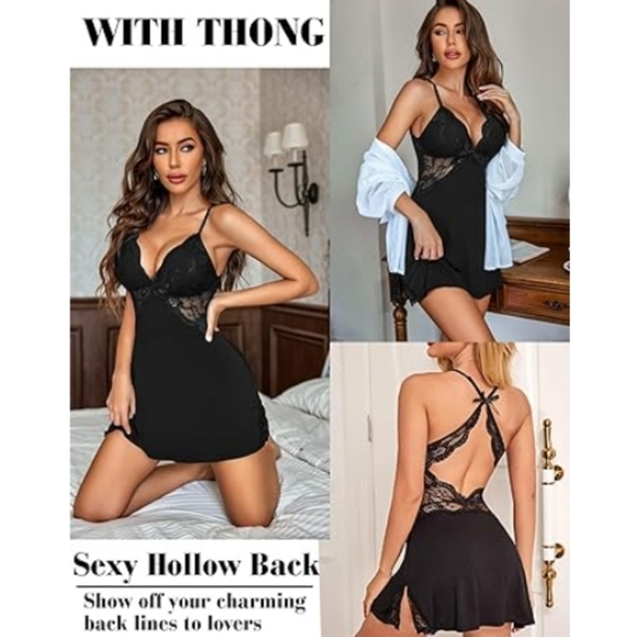 Nightie Lingerie Lace Chemise Sleepwear Babydoll Teddy Nighty Dull Black - Picture 5 of 7